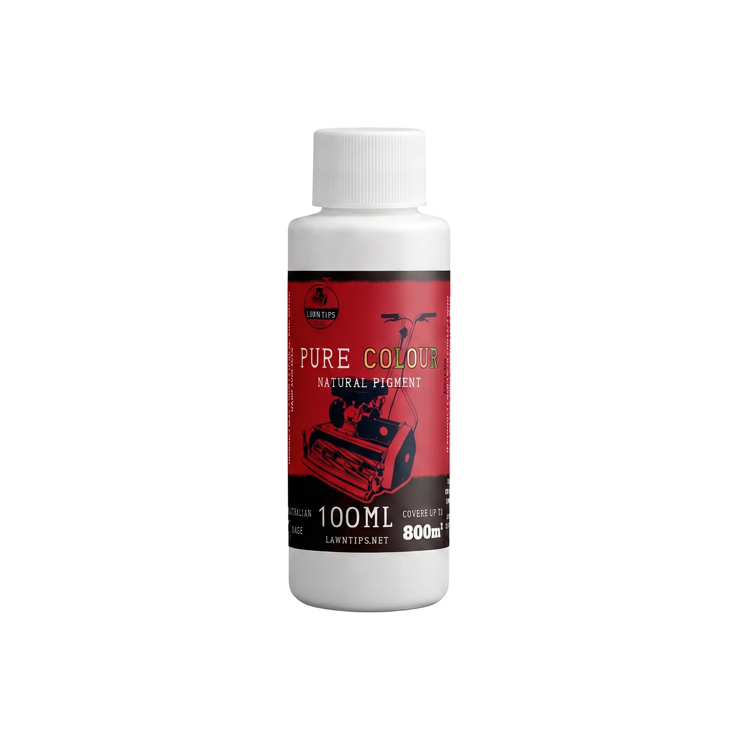 Lawn Tips Pure Colour natural grass pigment in a 100ml white bottle with a red label