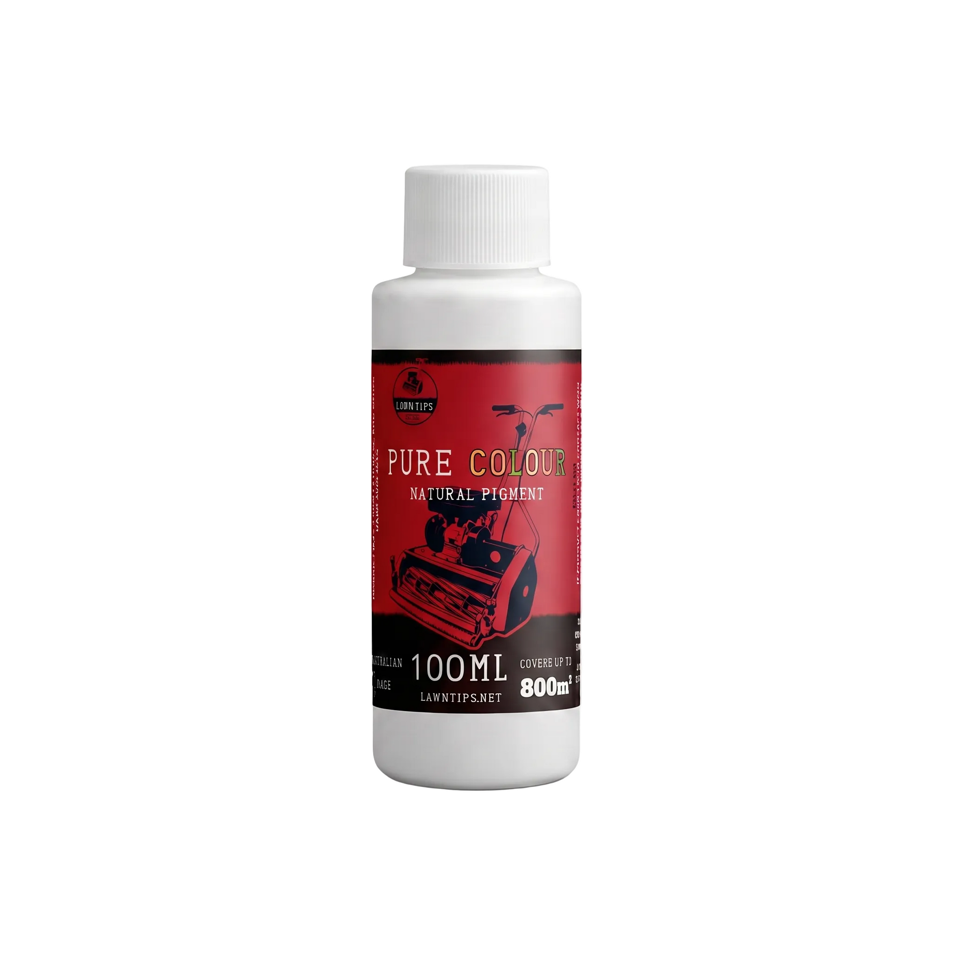 Lawn Tips Pure Colour natural grass pigment in a 100ml white bottle with a red label